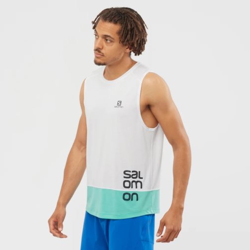 White / Turquoise Salomon Cross Run Graphic Men's Tanks | PH 26145S